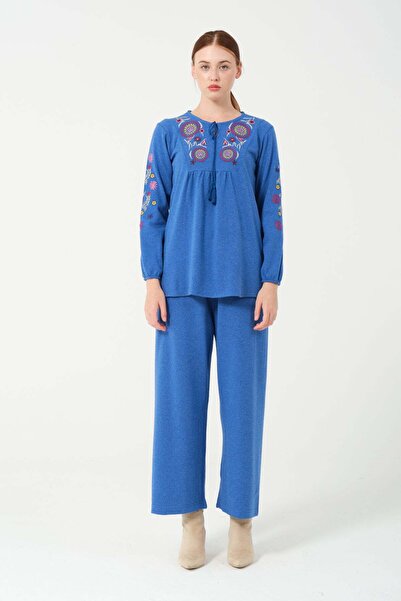 Hatun Atila Hatunatila Hera Fabric Front and Sleeves Authentic Embroidered Tassel Double Suit 7665 Blue