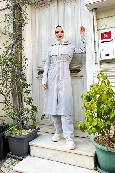 Bwest Hooded Zippered Waist White Laced Plain Basic Two-Piece Sports Set - 03074-1.008 - Gray