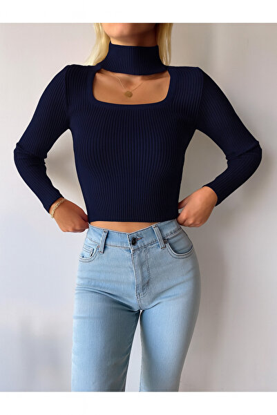 LACHT Γυναικεία Πλεκτή Μπλούζα με Λεπτομέρεια Παραθύρου σε Σκούρο Μπλε