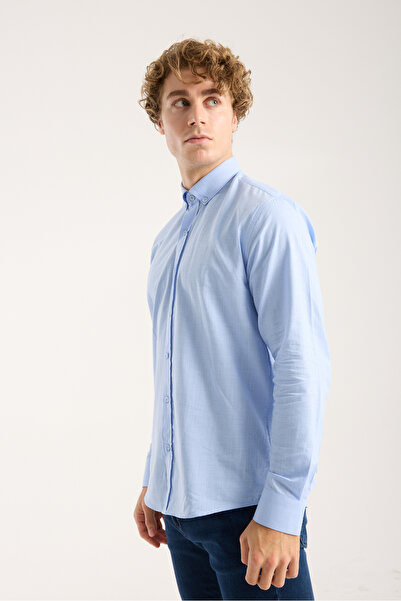jack carisma Blue Oversize Cotton Linen Textured Men's Shirt