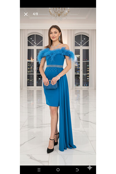 Robes Tüylü Omuz Dekolteli Taş Kemerli Asimetrik Etek Abiye Elbise Mezuniyet Kıyafeti