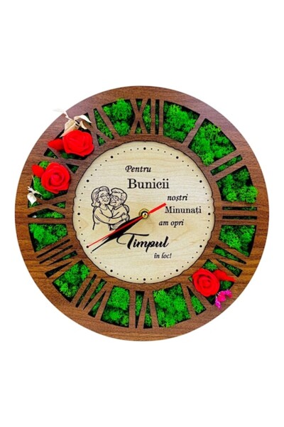 OEM Wall clock decorated with stabilized moss, personalized message for Grandparents, 30 cm, walnut