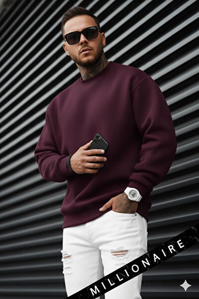 Millionaire Erkek Bordo Koyu Vişne Çürüğü Basic 0 Sıfır Yaka Baskısız Düz Oversize Salaş Bol Kesim Sweatshirt