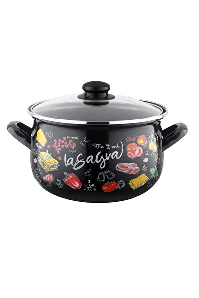 Florentyna Oala cu capac din sticla, inox, emailata, neagra,16cm-2.2l, FLorina