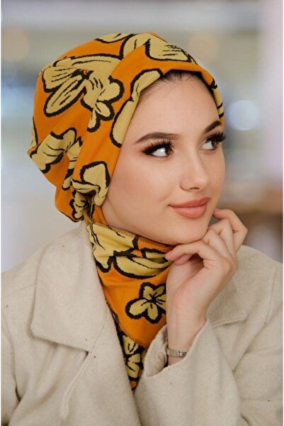 Aişe tesettür Turuncu Desenli Tesettür Bere Ve Etol Takım