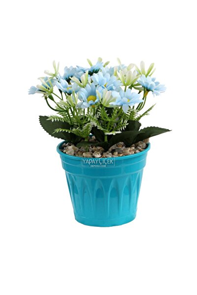 Yapay Çiçek Deposu Mavi Saksıda Yapay Papatya Çiçeği Mavi 20 cm