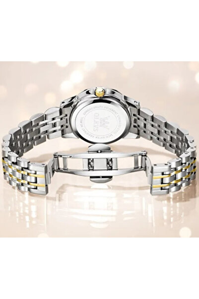 OLEVS Ceas de dama , otel inoxidabil, argintiu-auriu, cadran albastru