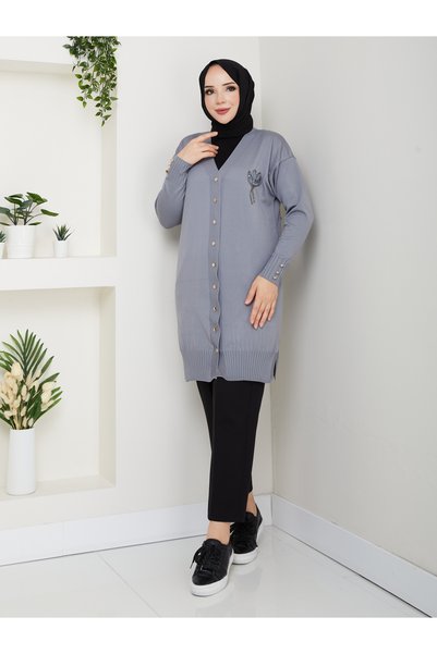 KMKkombin Women's Long Sleeve Knit Cardigan with Stone Detail on the Chest and Buttons