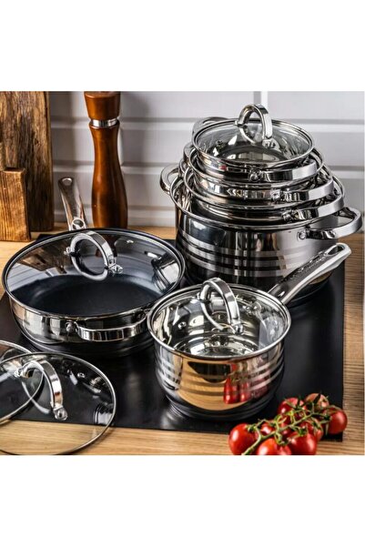 Klausberg 12-piece stainless steel set, with glass lid, 5 pots and a frying pan,