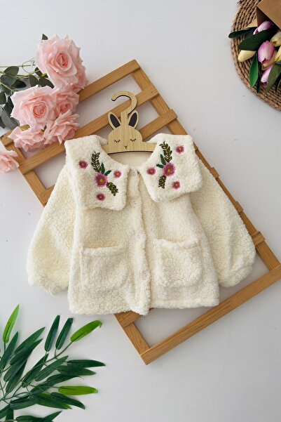 Minigimin Cicileri My Little One's Cardigan with Lamb Collar and Floral Embroidery Detail for Girls - Cream