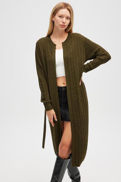 Peraluna Zeyna Mini Embossed Knitted Long Cardigan - Dark Green Melange