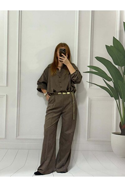 Pulli Collection Kahve Oversize Gömlek ve Yüksek Bel Kumaş Pantolon Takım
