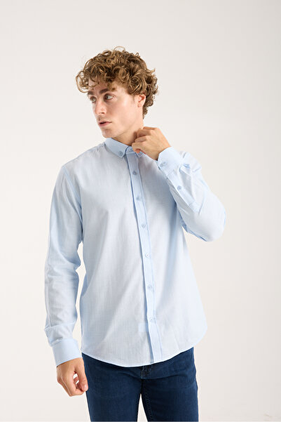 jack carisma Ice Blue Oversize Cotton Linen Textured Men's Shirt