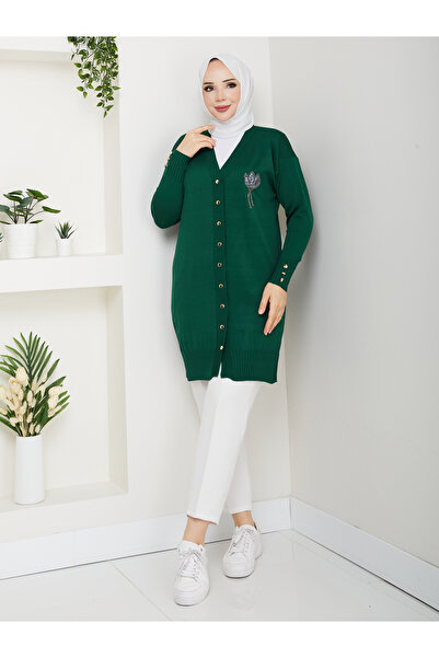 KMKkombin Women's Long Sleeve Knit Cardigan with Stone Detail on the Chest and Buttons