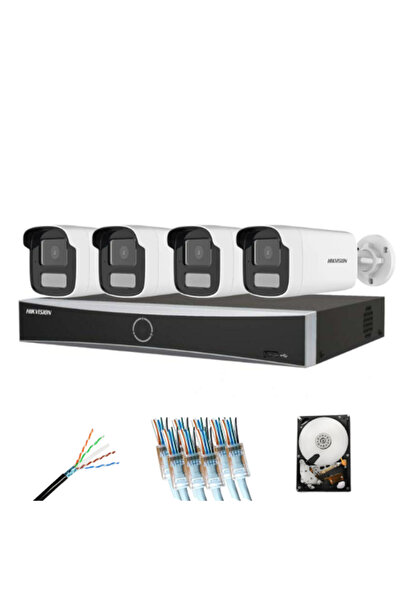 Hikvision sistem complet de supraveghere IP - 4 camere Smart Hybrid Light de 8MP, NVR AcuSense cu 8 canale, 1T