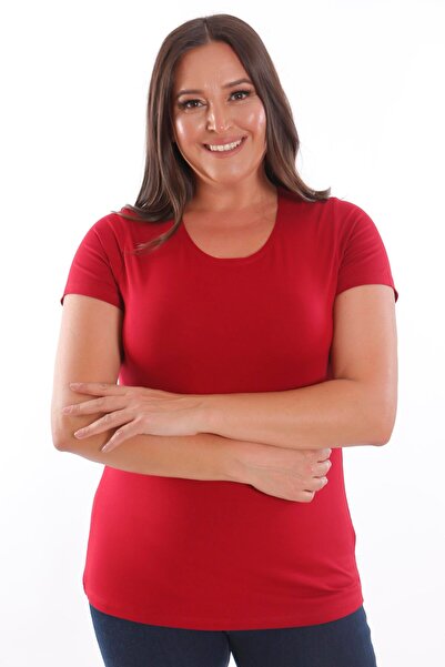 SERTUĞ Trend42Plus Plus Size Crew Neck Basic Burgundy Blouse