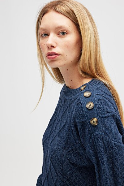 Peraluna Daphne Women's Knit Sweater with Braided Shoulder Buttons - Indigo Melange