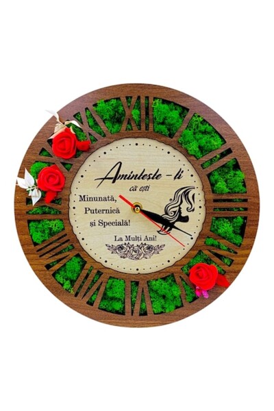 OEM Wall clock decorated with lichens, personalized message for Wife/Mother/Friend, 30 cm, walnut