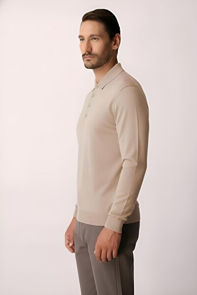 İgs Bej Standart Fit Dar Kalıp Polo Yaka Düz Uzun Kollu Triko
