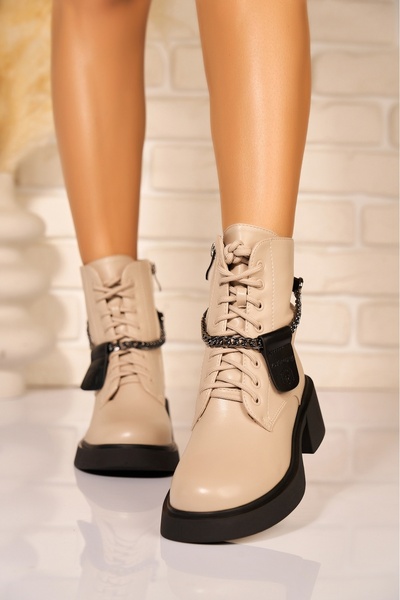 Joana Women's Fur-Lined Beige -Leather Boots Naina