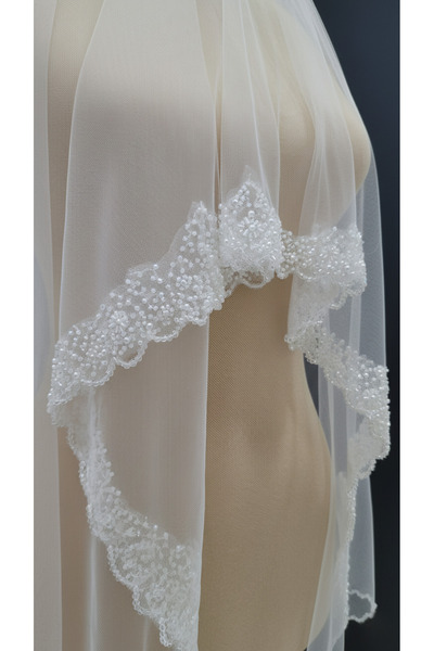 Pusula Marketim Her Detayda Işıltı: Özel Tasarım Kristal ve İnci İşlemeli Duvak, 165x150 cm