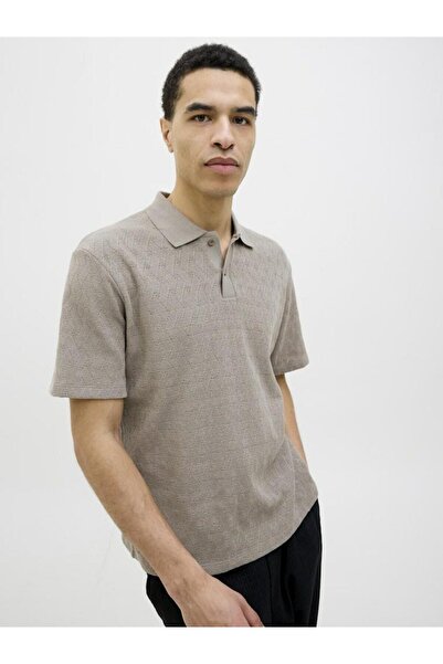 Jack & Jones Men's Brown Jprblatrent Jacquard Polo Sn Polo T-Shirt 12275090 -Greige