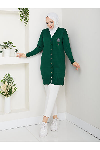 KMKkombin Women's Long Sleeve Knit Cardigan with Stone Detail on the Chest and Buttons