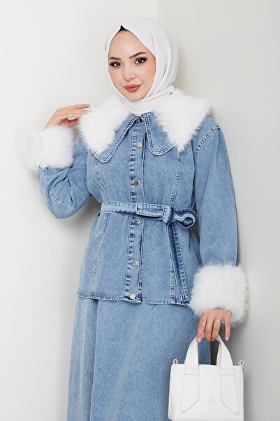 Hb Harma Time Butik Women's Plush Detailed Belted Jeans Blue Double Set