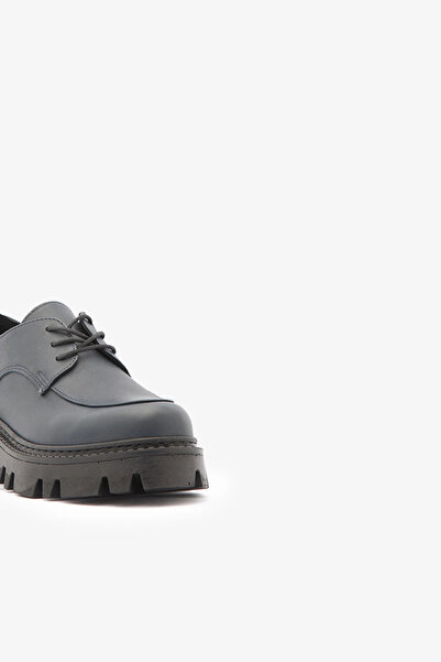 SAYL Lacivert Hakiki Deri Kalın Tabanlı Bağcıklı Kadın Oxford Ayakkabı