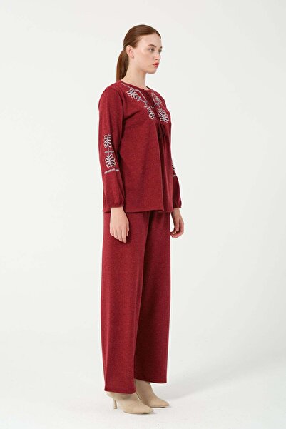 Hatun Atila Hatunatila Hera Fabric Front and Sleeves Are Authentic Embroidered Tassel Detailed Double Suit 7665 Red