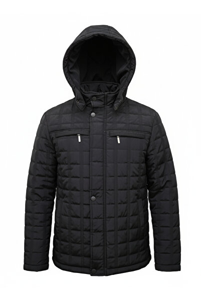 Mero Life Erkek Siyah Kapüşonlu İçi Kürklü Şişme Mont & Kaban Su Itici Rüzgar Geçirmez Kapitone Klasik Comfort