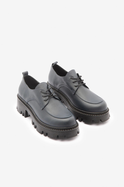 SAYL Lacivert Hakiki Deri Kalın Tabanlı Bağcıklı Kadın Oxford Ayakkabı