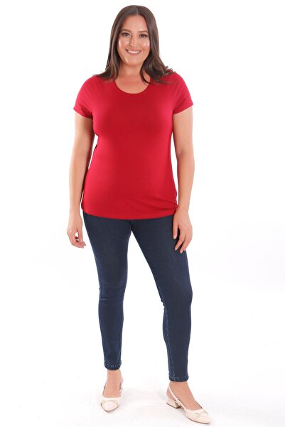 SERTUĞ Trend42Plus Plus Size Crew Neck Basic Burgundy Blouse
