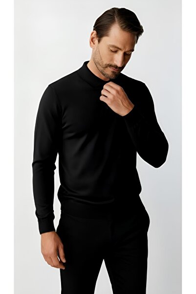 İgs Siyah Standart Fit Dar Kalıp Polo Yaka Düz Uzun Kollu Triko