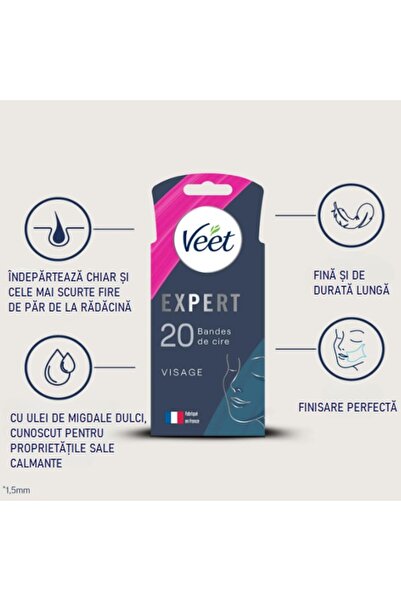 Veet Set of 20 cold wax strips for the face, Expert, with almond oil, for sensitive skin