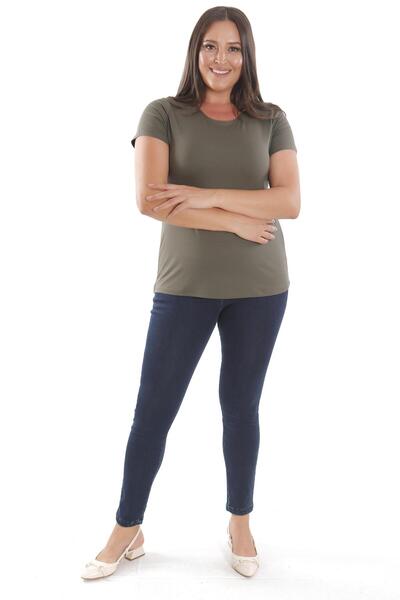 SERTUĞ Trend42Plus Plus Size Crew Neck Basic Khaki Blouse