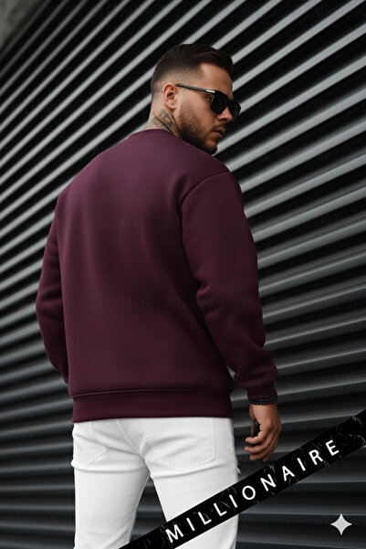Millionaire Erkek Bordo Koyu Vişne Çürüğü Basic 0 Sıfır Yaka Baskısız Düz Oversize Salaş Bol Kesim Sweatshirt