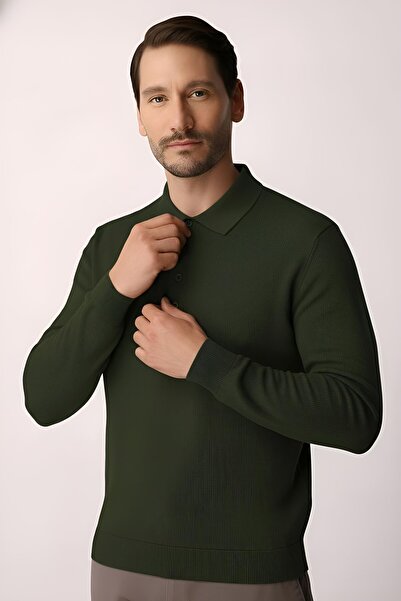 İgs Haki Standart Fit Dar Kalıp Polo Yaka Düz Uzun Kollu Triko