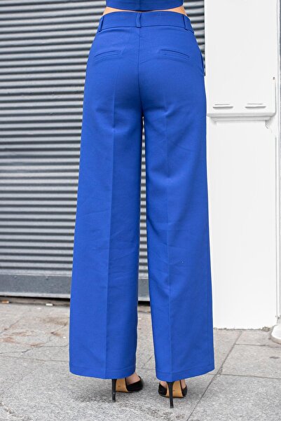 Jument Women's High Waist Side Pockets Wide Leg Relaxed Fit Palazzo Fabric Pants-Indigo