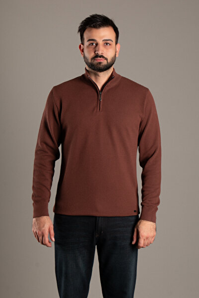 ZEKİ ÖZER Men's Brown Textured Mock Neck Zipper Knitwear