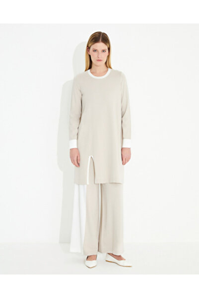 MISS DALIDA T23Y-7005 Tek Tarafı Renk Bloklu Triko Bol Paça Pantolon 1021-STO...