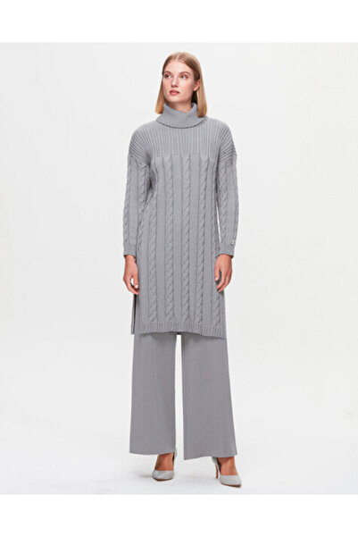 MISS DALIDA T25K-6021 Saç Örgü Dik Yaka Triko Tunik VİALE-GREY