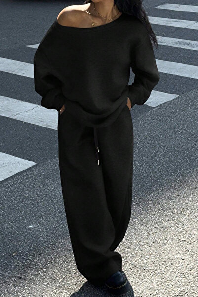 Tarz Cool Γυναικείο σετ αθλητικής φόρμας με ανοιχτό ώμο, μαλακό βασικό σετ φούτερ