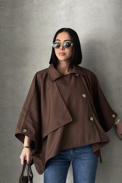 ALFUDO Moda Collection Siyah Yarasa Kol Detay Yakalı Düğmeli Rahat Kalıp Oversize Midi Boy Trençkot
