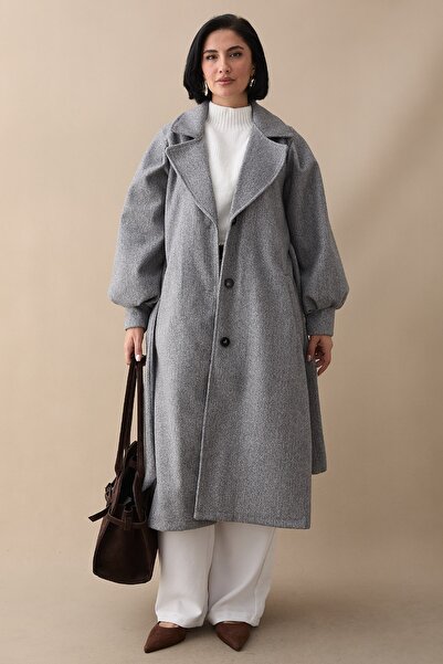 InStyle Double-Breasted Balloon Sleeve Belted Unlined Off-White Light Gray Cashmere Coat