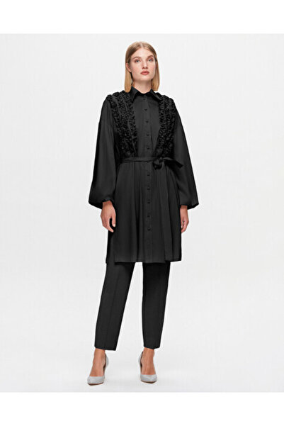 MISS DALIDA T25K-3005 Önü Büzgü Detaylı Poplin Gömlek BLACK