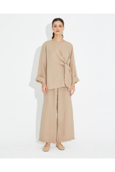 MISS DALIDA T23Y-7009 Paçası Dikiş Detaylı Bol Keten Pantolon GREY