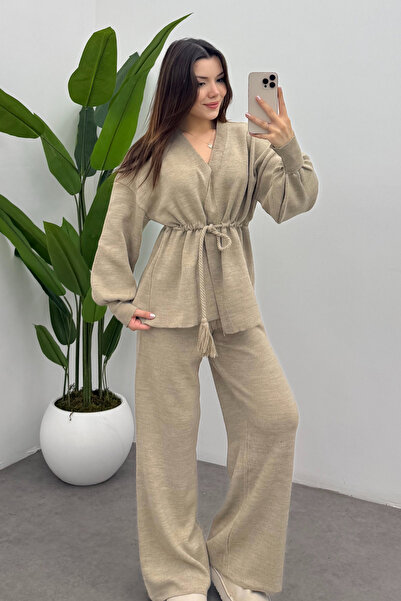 Bipantolon Women's Cream Waist Tassel Lace-Up Detailed Cardigan Pants Two-Piece Knitwear Set