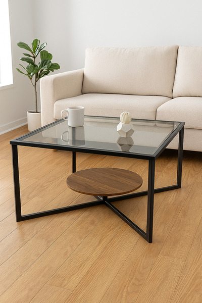 MARIA HOMES Modern Coffee Table with Black Metal Frame and Brown Wood Shelf Glass Top Table 75×75×46cm