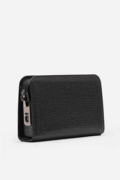 MAFİ İmza %100 Hakiki Siyah Croco Deri Biyometrik El Çantası (Parmak İzi Kilitli)
